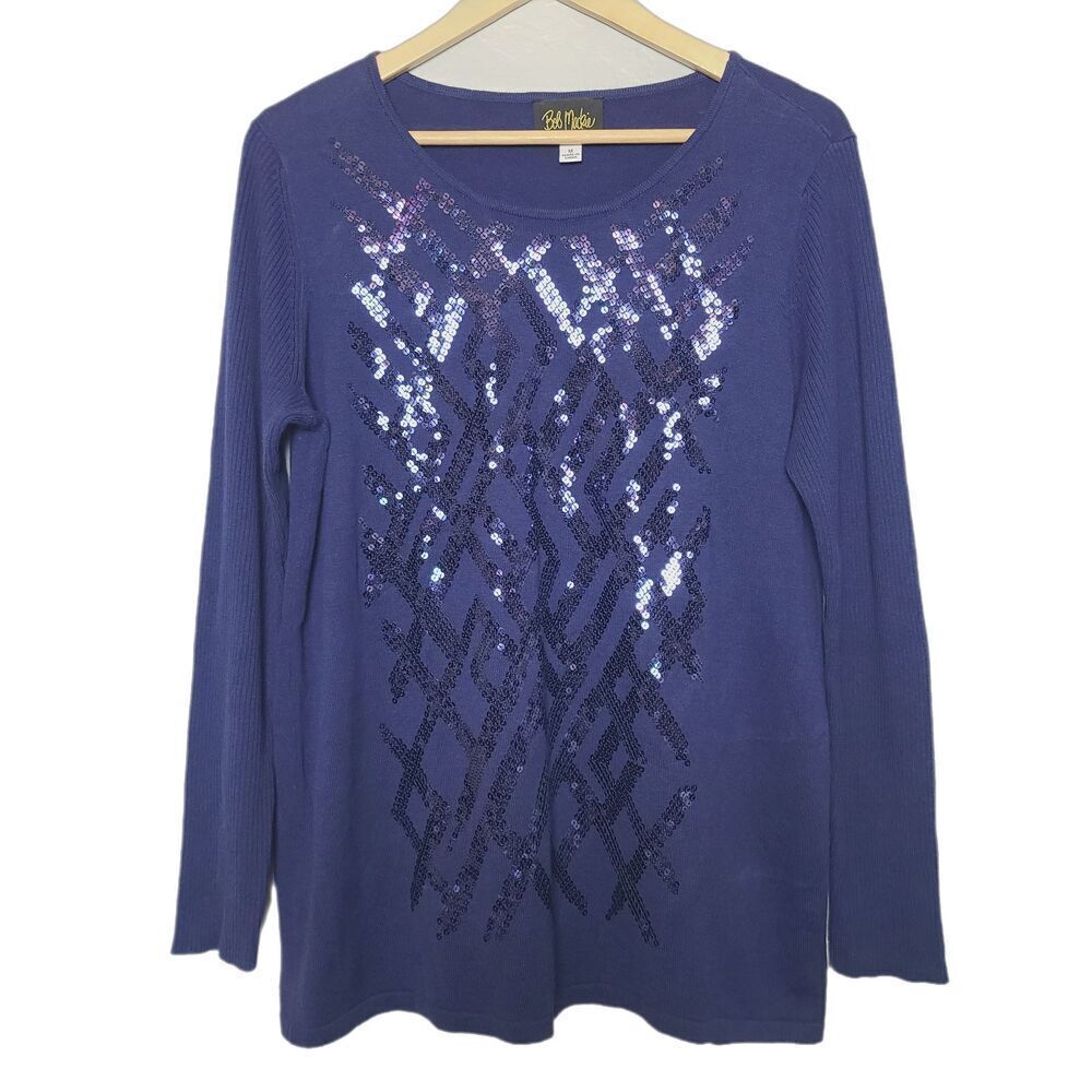 Bob Mackie Wearable‎ art Sweater M Blue Knit Sequins Lightweight Ribbed Sleeve